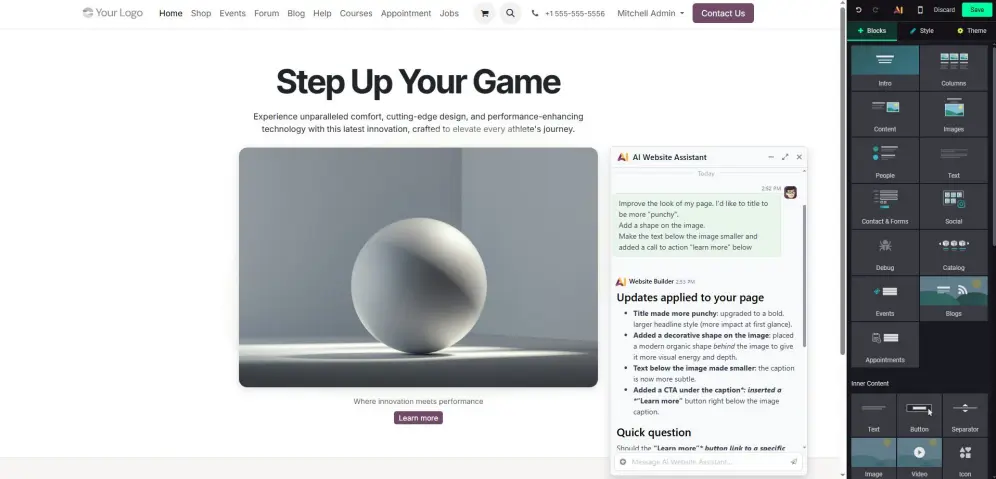 Odoo Website-Baukasten mit neuer Seitenleiste und KI-gestützter Unterstützung bei der Seitengestaltung.