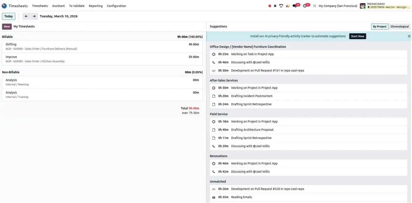 Odoo Zeiterfassung mit KI-gestütztem Assistenten für automatische Vorschläge zu Zeiteinträgen.