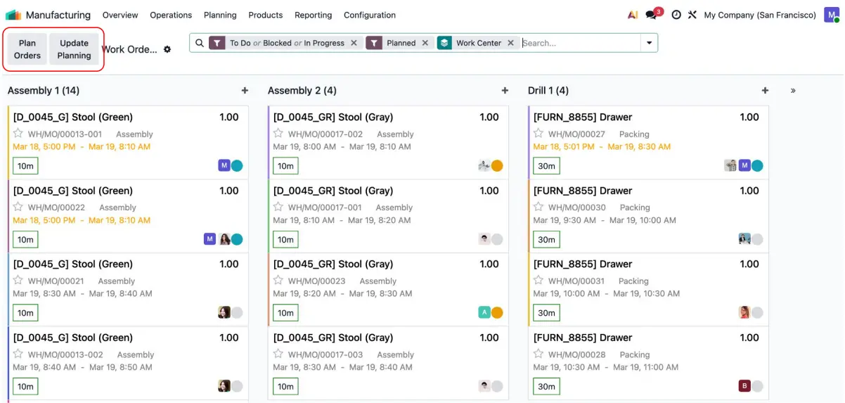Odoo Fertigung mit neuem Kanban-Board zur übersichtlichen Planung von Fertigungsaufträgen